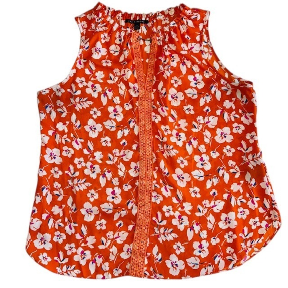 Zac & Rachel Sleeveless‎ Blouse Floral Print Crochet Trim Summer Top Size Lg